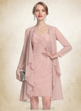 Meg Sheath/Column Sweetheart Knee-Length Chiffon Mother of the Bride Dress With Ruffle Lace STI126P0014929