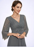 Emma Sheath/Column V-neck Knee-Length Chiffon Lace Mother of the Bride Dress With Beading Cascading Ruffles STI126P0014930