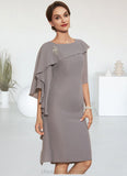 Juliet Sheath/Column Scoop Neck Knee-Length Chiffon Mother of the Bride Dress With Crystal Brooch Cascading Ruffles STI126P0014943