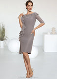 Juliet Sheath/Column Scoop Neck Knee-Length Chiffon Mother of the Bride Dress With Crystal Brooch Cascading Ruffles STI126P0014943