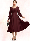 Genesis A-Line V-neck Tea-Length Mother of the Bride Dress With Ruffle STI126P0014948