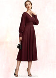 Genesis A-Line V-neck Tea-Length Mother of the Bride Dress With Ruffle STI126P0014948