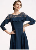 Lucy A-Line Scoop Neck Tea-Length Chiffon Lace Mother of the Bride Dress With Beading Cascading Ruffles STI126P0014952