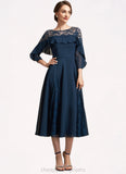 Lucy A-Line Scoop Neck Tea-Length Chiffon Lace Mother of the Bride Dress With Beading Cascading Ruffles STI126P0014952