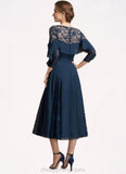 Lucy A-Line Scoop Neck Tea-Length Chiffon Lace Mother of the Bride Dress With Beading Cascading Ruffles STI126P0014952