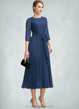 Alyson A-Line Scoop Neck Tea-Length Chiffon Mother of the Bride Dress With Ruffle Bow(s) STI126P0014954