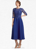 Makenna A-Line Scoop Neck Tea-Length Chiffon Lace Mother of the Bride Dress With Sequins STI126P0014959