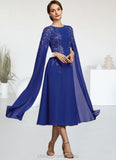 Saige A-Line Scoop Neck Tea-Length Chiffon Lace Mother of the Bride Dress With Sequins STI126P0014960