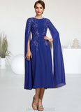 Saige A-Line Scoop Neck Tea-Length Chiffon Lace Mother of the Bride Dress With Sequins STI126P0014960