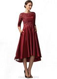 Armani A-Line Scoop Neck Asymmetrical Satin Lace Mother of the Bride Dress With Sequins Pockets STI126P0014962