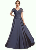 Harley A-Line V-neck Floor-Length Chiffon Lace Mother of the Bride Dress With Sequins STI126P0014964