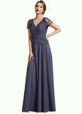 Harley A-Line V-neck Floor-Length Chiffon Lace Mother of the Bride Dress With Sequins STI126P0014964