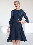 Eleanor A-Line Scoop Neck Knee-Length Chiffon Lace Mother of the Bride Dress With Ruffle STI126P0014966