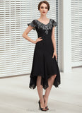 Alejandra A-Line V-neck Tea-Length Chiffon Lace Mother of the Bride Dress With Sequins STI126P0014967