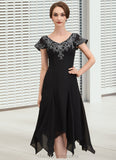 Alejandra A-Line V-neck Tea-Length Chiffon Lace Mother of the Bride Dress With Sequins STI126P0014967