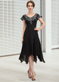 Alejandra A-Line V-neck Tea-Length Chiffon Lace Mother of the Bride Dress With Sequins STI126P0014967