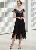 Alejandra A-Line V-neck Tea-Length Chiffon Lace Mother of the Bride Dress With Sequins STI126P0014967