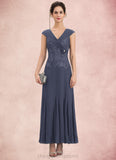 Alice A-Line V-neck Ankle-Length Chiffon Lace Mother of the Bride Dress With Ruffle Beading STI126P0014971