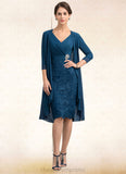 Nevaeh Sheath/Column V-neck Knee-Length Chiffon Lace Mother of the Bride Dress With Crystal Brooch STI126P0014972