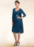 Nevaeh Sheath/Column V-neck Knee-Length Chiffon Lace Mother of the Bride Dress With Crystal Brooch STI126P0014972