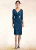 Nevaeh Sheath/Column V-neck Knee-Length Chiffon Lace Mother of the Bride Dress With Crystal Brooch STI126P0014972