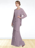 Bella Sheath/Column Scoop Neck Floor-Length Chiffon Mother of the Bride Dress With Beading Cascading Ruffles STI126P0014975