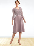 Katharine A-Line V-neck Knee-Length Chiffon Lace Mother of the Bride Dress With Sequins Cascading Ruffles STI126P0014977