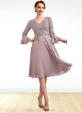 Katharine A-Line V-neck Knee-Length Chiffon Lace Mother of the Bride Dress With Sequins Cascading Ruffles STI126P0014977