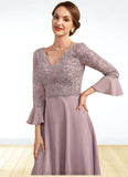 Katharine A-Line V-neck Knee-Length Chiffon Lace Mother of the Bride Dress With Sequins Cascading Ruffles STI126P0014977