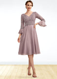 Katharine A-Line V-neck Knee-Length Chiffon Lace Mother of the Bride Dress With Sequins Cascading Ruffles STI126P0014977