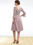 Katharine A-Line V-neck Knee-Length Chiffon Lace Mother of the Bride Dress With Sequins Cascading Ruffles STI126P0014977