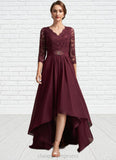 Zara A-Line V-neck Asymmetrical Chiffon Lace Mother of the Bride Dress With Beading Sequins STI126P0014980