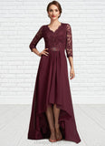 Zara A-Line V-neck Asymmetrical Chiffon Lace Mother of the Bride Dress With Beading Sequins STI126P0014980