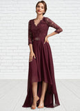 Zara A-Line V-neck Asymmetrical Chiffon Lace Mother of the Bride Dress With Beading Sequins STI126P0014980