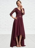 Zara A-Line V-neck Asymmetrical Chiffon Lace Mother of the Bride Dress With Beading Sequins STI126P0014980