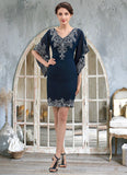 Skylar Sheath/Column V-neck Knee-Length Chiffon Lace Mother of the Bride Dress With Sequins STI126P0014983