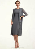 Paisley Sheath/Column Scoop Neck Knee-Length Chiffon Mother of the Bride Dress With Lace STI126P0014986