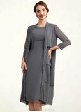 Paisley Sheath/Column Scoop Neck Knee-Length Chiffon Mother of the Bride Dress With Lace STI126P0014986