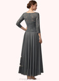 Stella A-Line Scoop Neck Ankle-Length Chiffon Lace Mother of the Bride Dress With Ruffle STI126P0014990