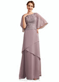 Claire A-Line Scoop Neck Floor-Length Chiffon Lace Mother of the Bride Dress With Sequins Cascading Ruffles STI126P0014991