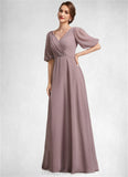 Paityn A-Line V-neck Floor-Length Chiffon Mother of the Bride Dress With Ruffle STI126P0014992