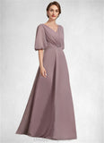 Paityn A-Line V-neck Floor-Length Chiffon Mother of the Bride Dress With Ruffle STI126P0014992