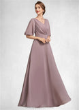 Paityn A-Line V-neck Floor-Length Chiffon Mother of the Bride Dress With Ruffle STI126P0014992