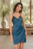 Naomi Bodycon V-Neck Short/Mini Silky Satin Homecoming Dress With Ruffle STIP0020505