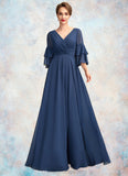 Natalee A-Line V-neck Floor-Length Chiffon Mother of the Bride Dress With Cascading Ruffles STI126P0015003