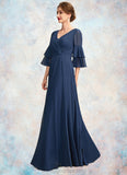 Natalee A-Line V-neck Floor-Length Chiffon Mother of the Bride Dress With Cascading Ruffles STI126P0015003