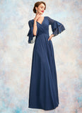 Natalee A-Line V-neck Floor-Length Chiffon Mother of the Bride Dress With Cascading Ruffles STI126P0015003