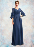 Natalee A-Line V-neck Floor-Length Chiffon Mother of the Bride Dress With Cascading Ruffles STI126P0015003