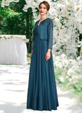 Summer A-Line V-neck Floor-Length Chiffon Lace Mother of the Bride Dress With Beading Sequins STI126P0015004