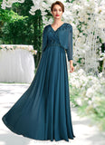 Summer A-Line V-neck Floor-Length Chiffon Lace Mother of the Bride Dress With Beading Sequins STI126P0015004